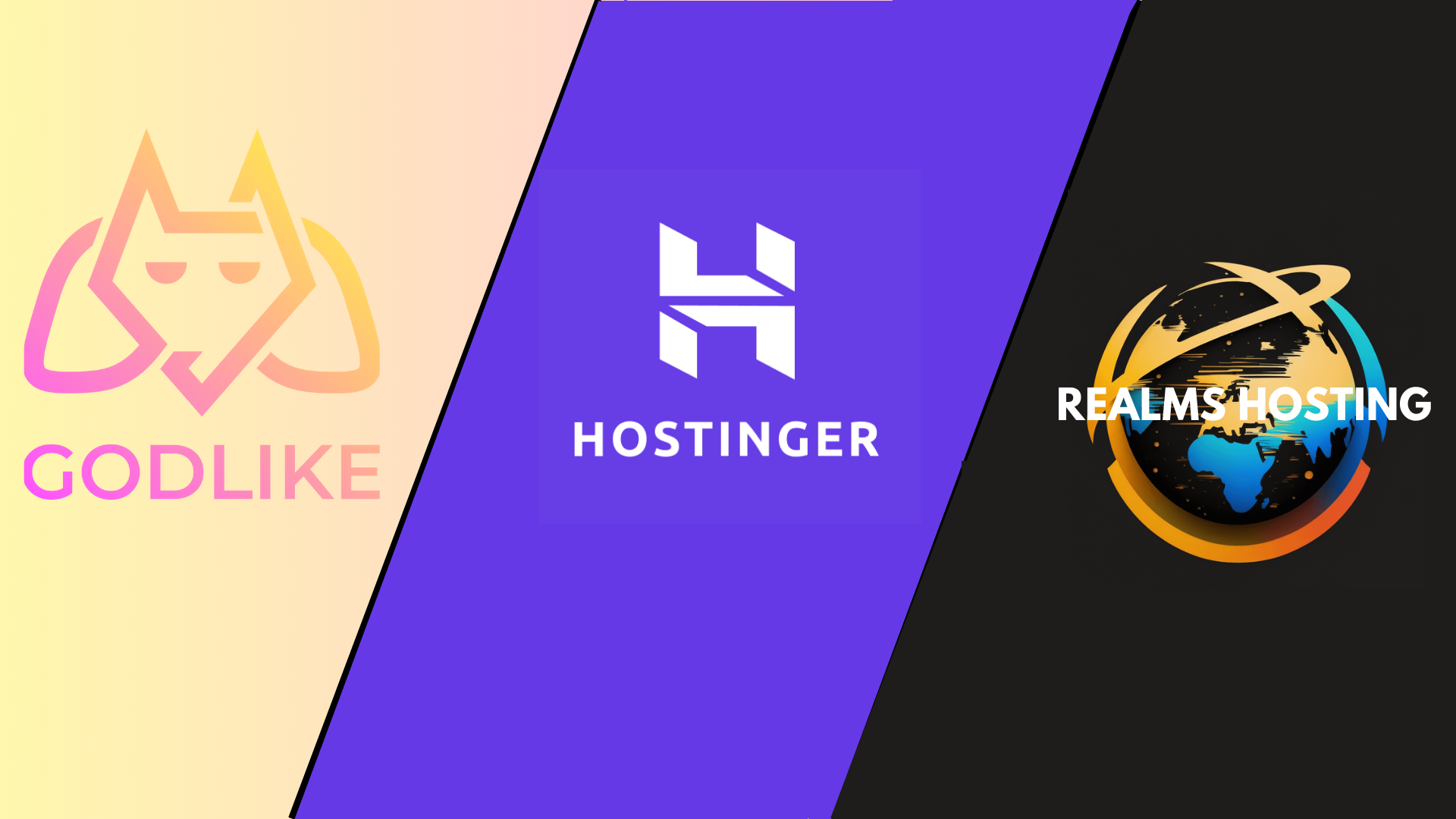 Realms Hosting, Godlike, Hostinger logo.